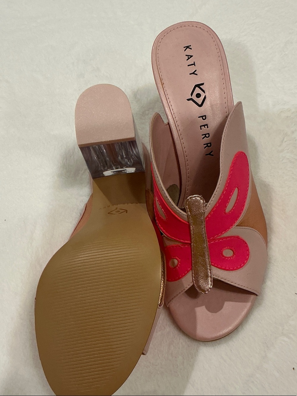 Katy Perry Collections Pink & Hot Pink Butterfly Clear Block Heel Mules - Picture 2 of 4
